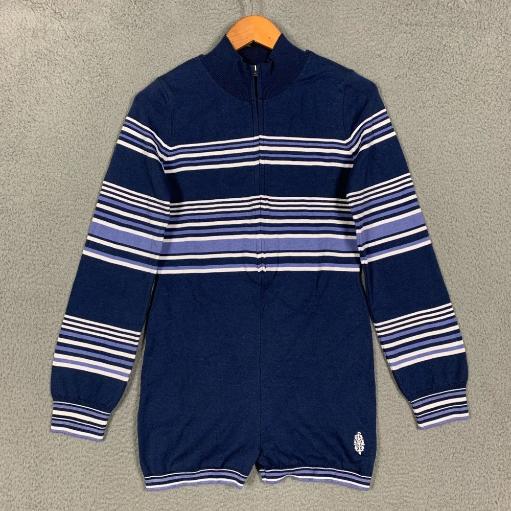 Free People Movement It's Cold Outside Playsuit Women's Medium Navy Striped Knit